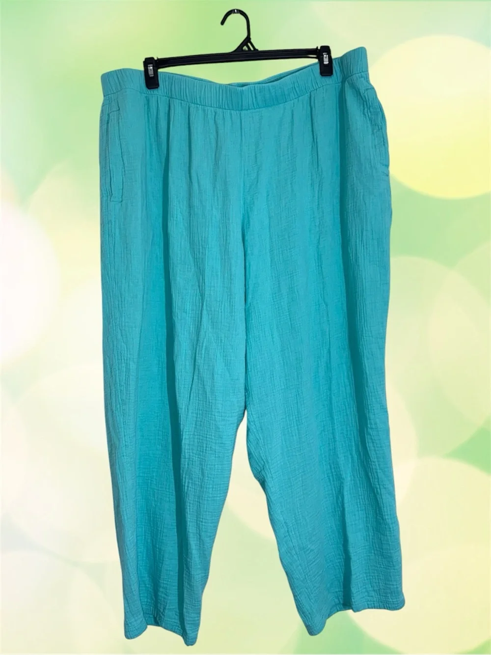 Coldwater Creek Turquoise Mint Green Wide-Leg Elastic-Waist Cotton Gauze Pants